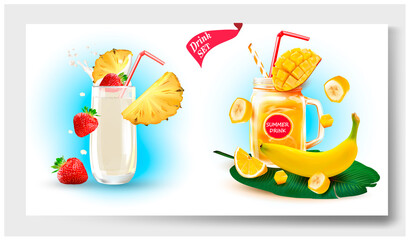 3d.Summer Drinks.Transparent Glass with milk, Strawberry.Smoothie jar with fruit cocktail. Mango. Banana. Pineapple.Lemonade with Drinking Straw.
