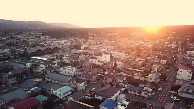 Aerial sunrise of Myoko during winter, Niigata , Japan