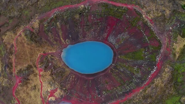Aerial drone top down view at Kerid Crater, Iceland, 4k