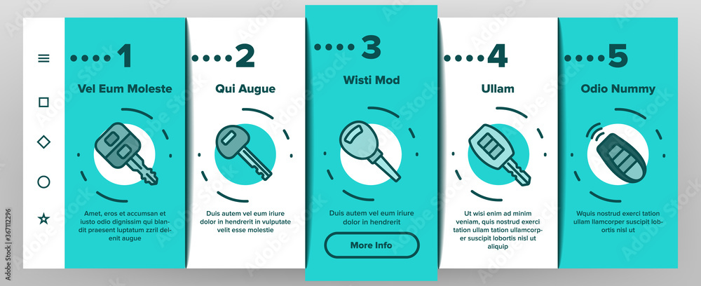 Aufkleber car key equipment onboarding mobile app page screen vector. car key device different style, with but