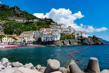 Italy, Campania, Amalfi - 16 August 2019 - View of Amalfi, the pearl of the Mediterranean Sea