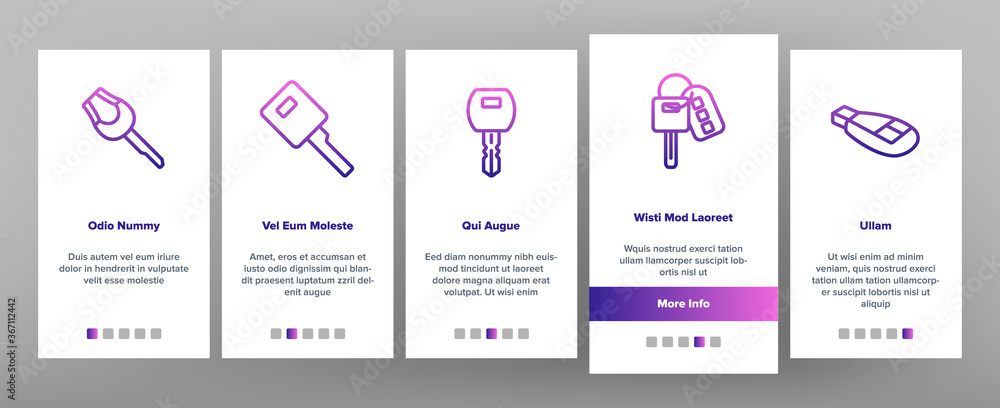 Poster car key equipment onboarding mobile app page screen vector. car key device different style, with but