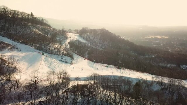 Aerial view of snowy mountain ski resort in Myoko, Niigata, Japan