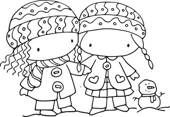 vector cartoon girls with snowman