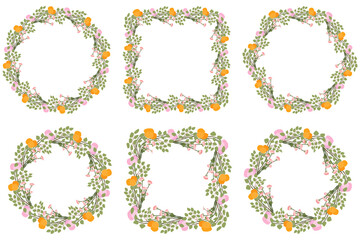 Yellow dandelion, pink rose, lilac, leaf branch wreath. Floral design. Botanical frame collection. Vector set.