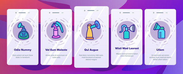 Breast Pump Device Onboarding Mobile App Page Screen Vector. Automatical And Manual Breast Pump Equipment For Mother Breast Maternity Milk Illustrations