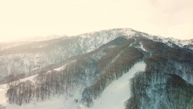 Aerial view of skiers at ski resort in Myoko, Niigata, Japan