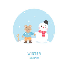 Little bear with snowman. Cute cartoon character. Vector illustration.