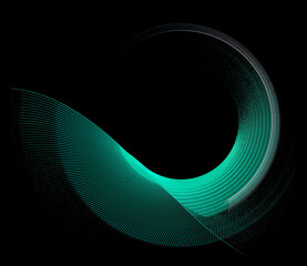 The plane is curved in a circle. One end of the surface looks like a fan or wing. Graphic design element on black background. 3D rendering. 3d illustration. Technical symbol or logo.