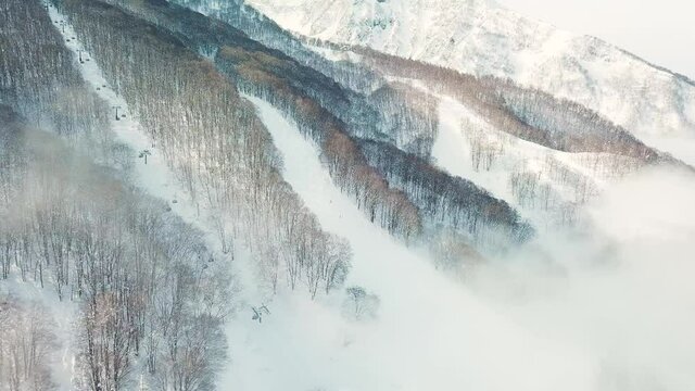 Aerial view of skiers at ski resort in Myoko, Niigata, Japan