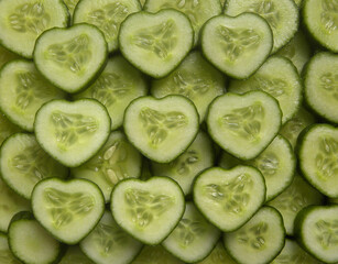 Green color sliced cut raw heart shaped cucumber