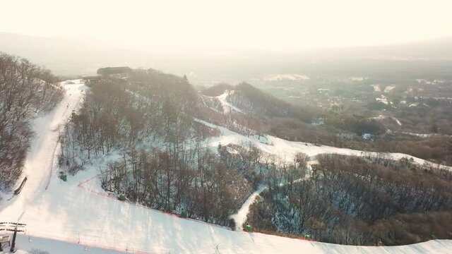 Aerial view of snowy mountain ski resort in Myoko, Niigata, Japan