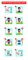 Obraz na płótnie Canvas Tips on how to wear a reusable mask. A guide to wearing face mask. How to safely use a mask or face covering.