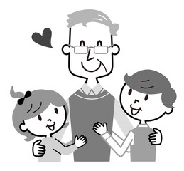 お爺ちゃん　孫たち　モノトーン