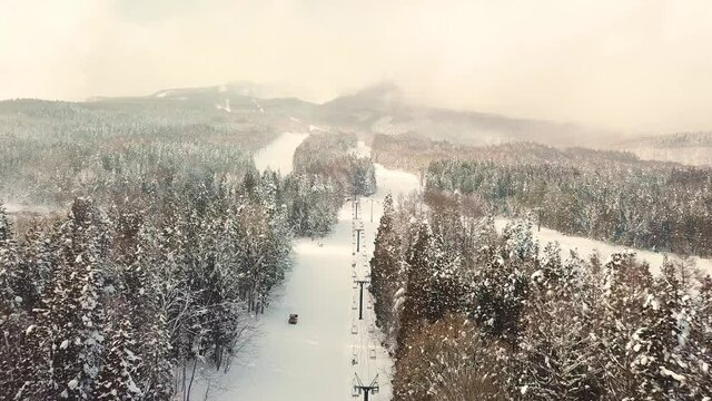 Aerial view of skiers at ski resort in Myoko, Niigata, Japan