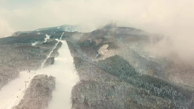 Aerial view of skiers at ski resort in Myoko, Niigata, Japan