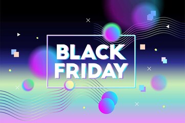 Black friday sale. Text. Border frame. Vector artwork. Trendy retro 80s, 90s style. Print. Blue, black, pink, yellow, green, purple colors.  Retrowave, synthwave, rave, vapor wave. Minimal concept. 