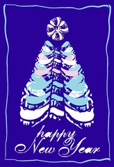 greeting card happy new year christmas tree on blue background, vector illustration