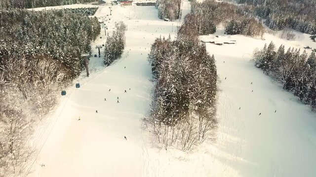 Aerial view of skiers at ski resort in Myoko, Niigata, Japan