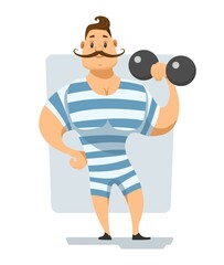 Strongman in a striped suit with a dumbbell in his hand. Circus performance. Vector illustration of a smiling athlete.