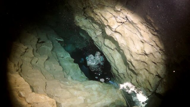 Objects in Budapesht Underwater cave. Scuba diving.