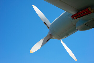  Seaplane propeller against the blue sky. Blade. Propeller. Copy space for text.