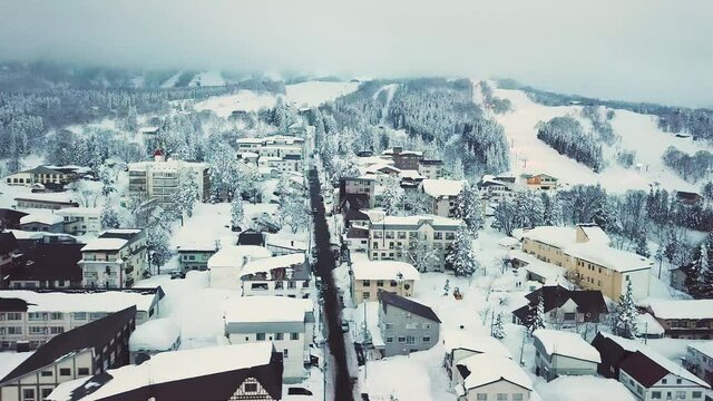 Aerial view of city with snow in Myoko, Niigata, Japan