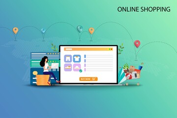 Concept of online shopping, young woman is sitting on top of coin stack in front of credit card and laptop that display contain list of products, customer rating and reviews to order a new hat.