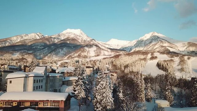 Aerial view of snowy mountain ski resort in Myoko, Niigata, Japan