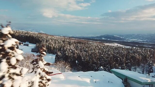 Aerial view of snowy mountain ski resort in Myoko, Niigata, Japan