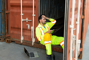 Tried supervisor engineer sitting on floor and use clipboard, laptop at container yard for organising stock, Loading of products to and from containers. Business Logistics import export shipping.