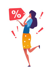 Woman with a sale tag. Vector illustration of a happy girl and low price.