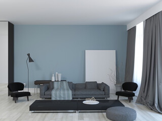 3d rendering of living room with blue wall and mock up pattern