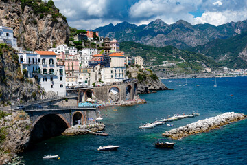Fototapeta na wymiar Italy, Campania, Atrani - 16 August 2019 - Wonderful view of Atrani overlooking the Amalfi coast