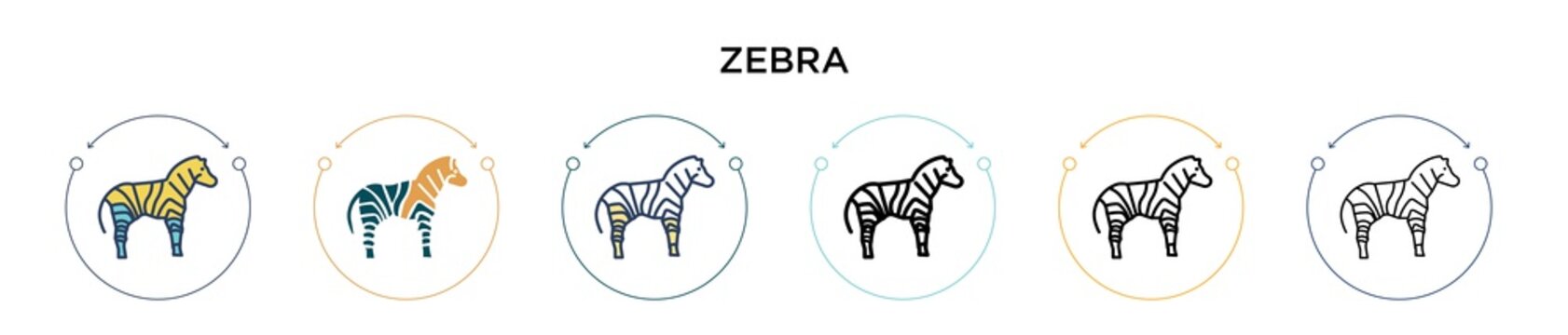 Zebra icon in filled, thin line, outline and stroke style. Vector illustration of two colored and black zebra vector icons designs can be used for mobile, ui, web