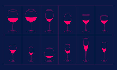 Set of glasses for different types of wine. In trendy pink neon color