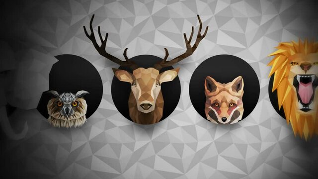 Collection of different animals. Zoo symbol. Low polygon icons. Lion, Gorilla, Zebra, Raccoon, Fox, Elephant, Deer, Owl. Geometric loop animation set.