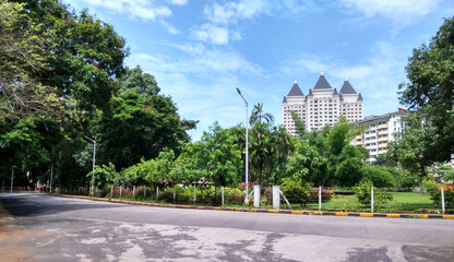 The view of the campus of Manipal Academy of Higher Education (MAHE), Manipal, Udupi, Karnataka, India. The Royal embassy building can be seen in background.