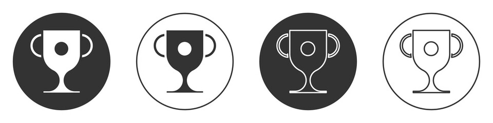 Black Award cup icon isolated on white background. Winner trophy symbol. Championship or competition trophy. Sports achievement sign. Circle button. Vector Illustration.