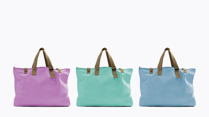 Three large pastel canvas tote bags on white background