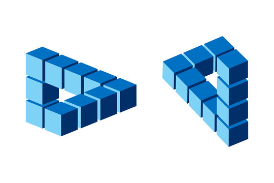 Two impossible figures, Reutersvard optical illusions, blue colored. Created by following the concept of a Penrose triangle, shown with blue cube shapes. Illustration on white background. Vector.