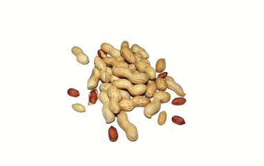 Peanut and peanut shells on white background.