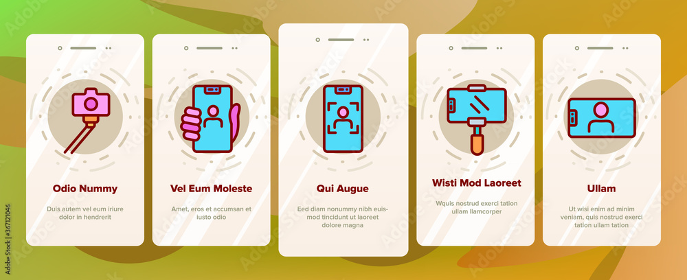 Poster selfie photo camera onboarding mobile app page screen vector. selfie stick tool and smartphone digit