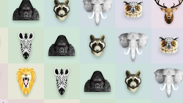 Collection of different animals. Zoo symbol. Low polygon icons. Lion, Gorilla, Zebra, Raccoon, Fox, Elephant, Deer, Owl. Geometric loop animation set.
