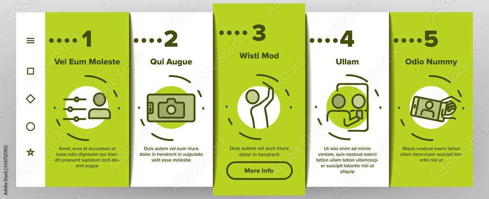 Poster selfie photo camera onboarding mobile app page screen vector. selfie stick tool and smartphone digit