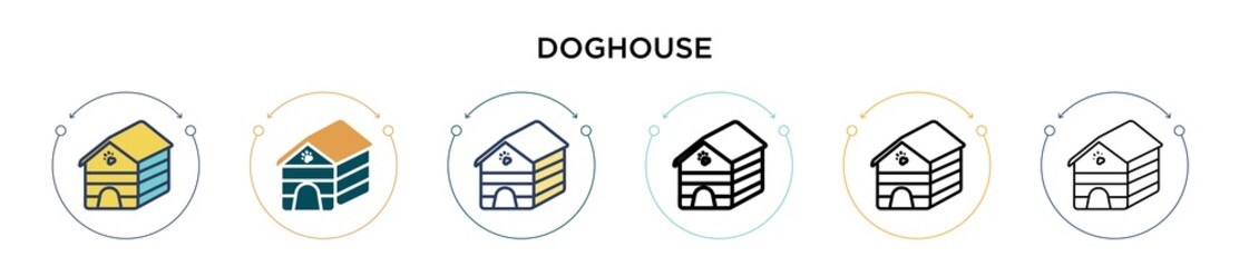 Doghouse icon in filled, thin line, outline and stroke style. Vector illustration of two colored and black doghouse vector icons designs can be used for mobile, ui, web