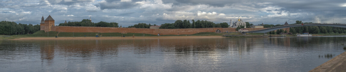 Panorama of the Kremlin of Veliky Novgorod on a cloudy July morning. Russia