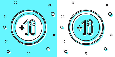 Black line Alcohol 18 plus icon isolated on green and white background. Prohibiting alcohol beverages. Random dynamic shapes. Vector Illustration.