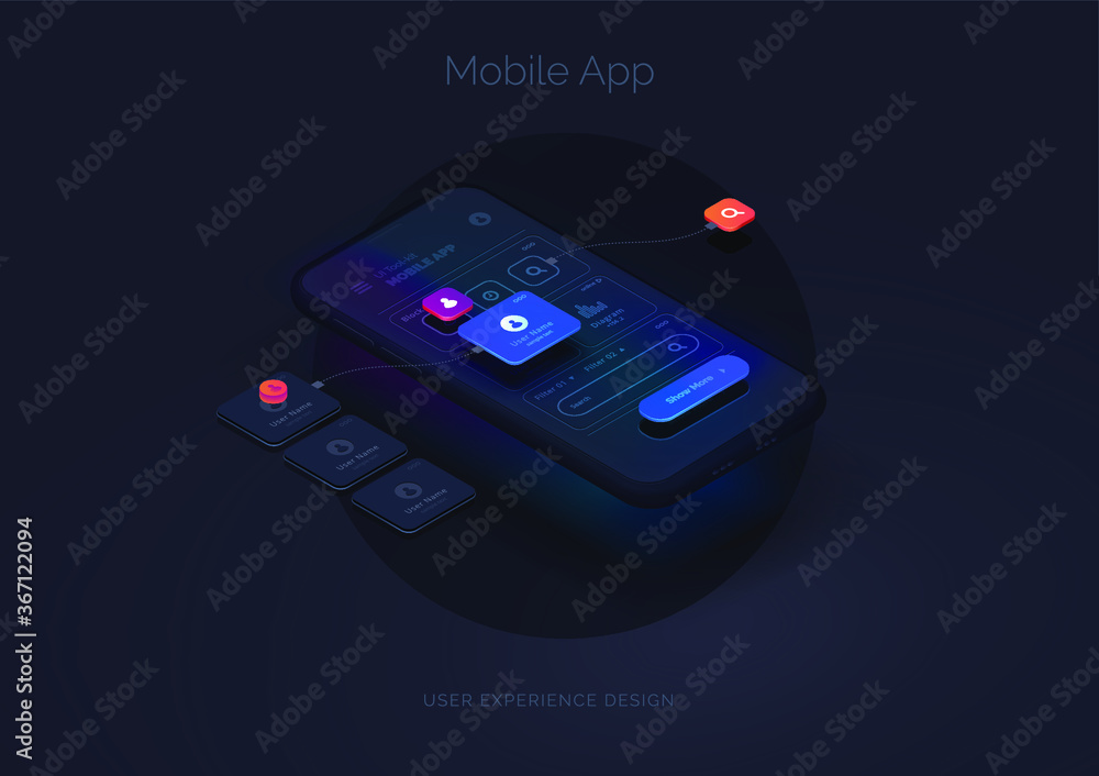 Poster user experience. smartphone mockup on black background with interactive user interface. the process 