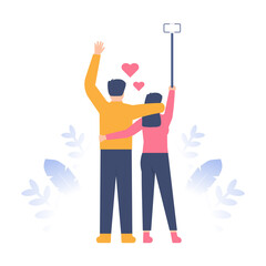 Fototapeta premium illustration of a couple or a boy and girl taking a selfie. the concept of dating and relationships, boyfriends and girlfriends. flat design. can be used for elements, landing pages, UI, website